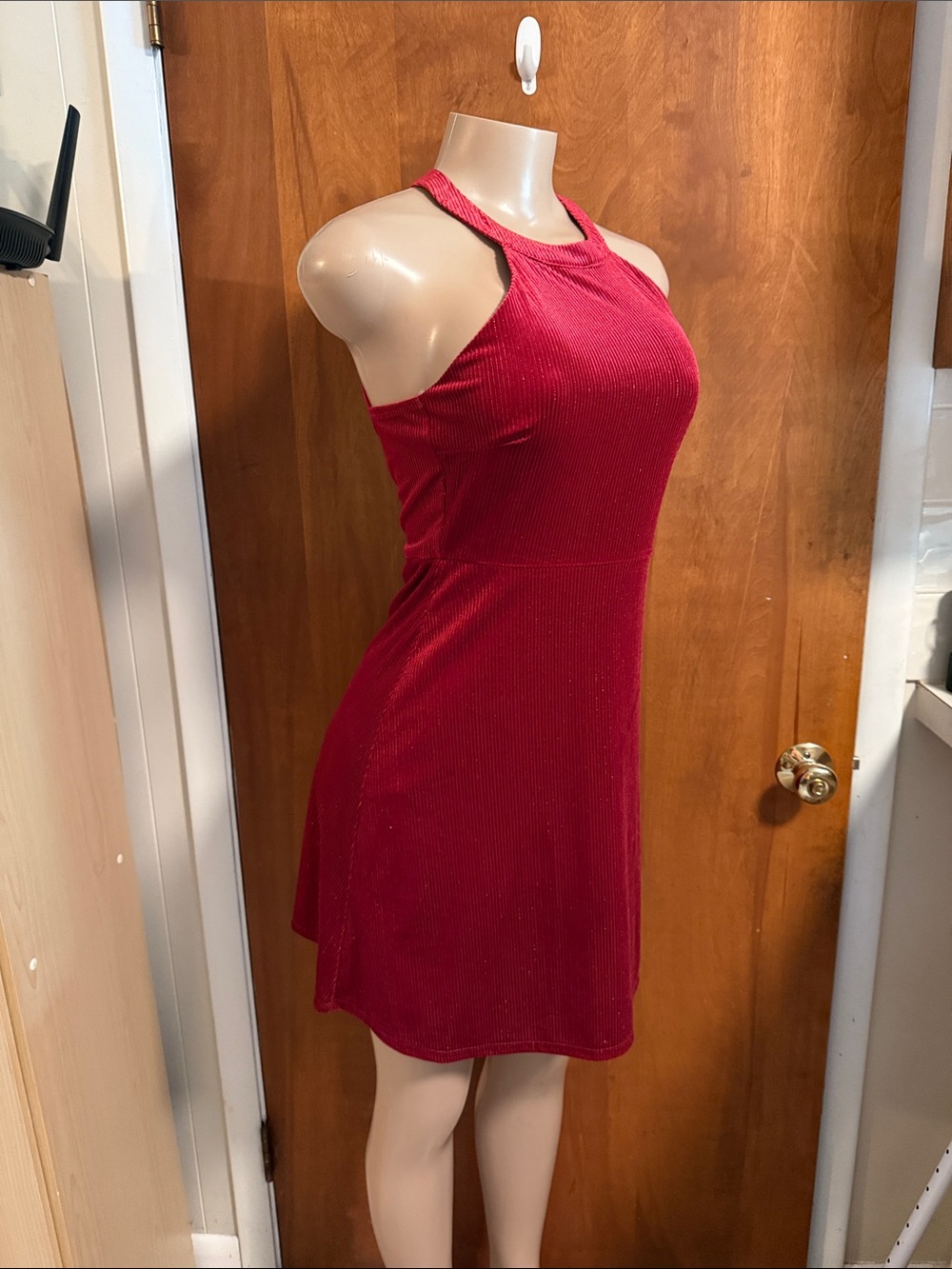 Spoiled Red Ribbed Halter Mini Dress with Subtle Shimmer
